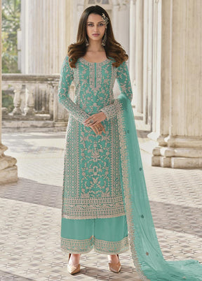 3 Pc Blue Semi Stitched Net Suit Set