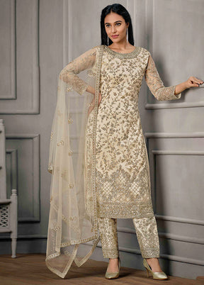 3 Pc Cream Semi Stitched Net Suit Set