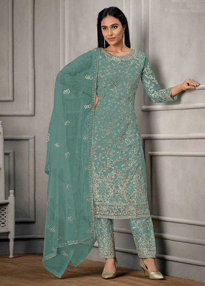 3 Pc Sea Green Semi Stitched Net Suit Set