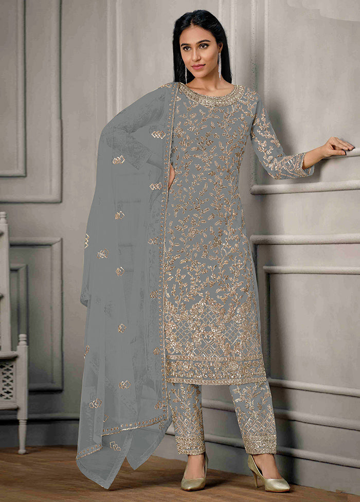 3 Pc Grey Semi Stitched Net Suit Set