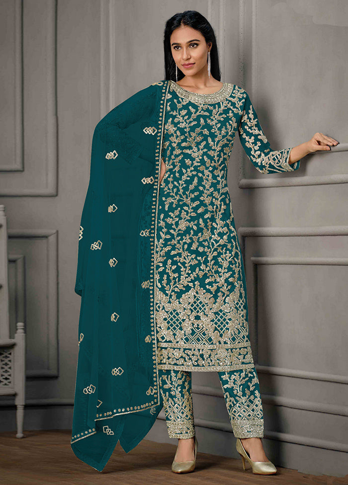 3 Pc Teal Semi Stitched Net Suit Set