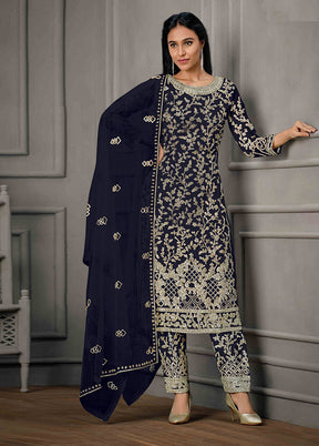 3 Pc Navy Blue Semi Stitched Net Suit Set