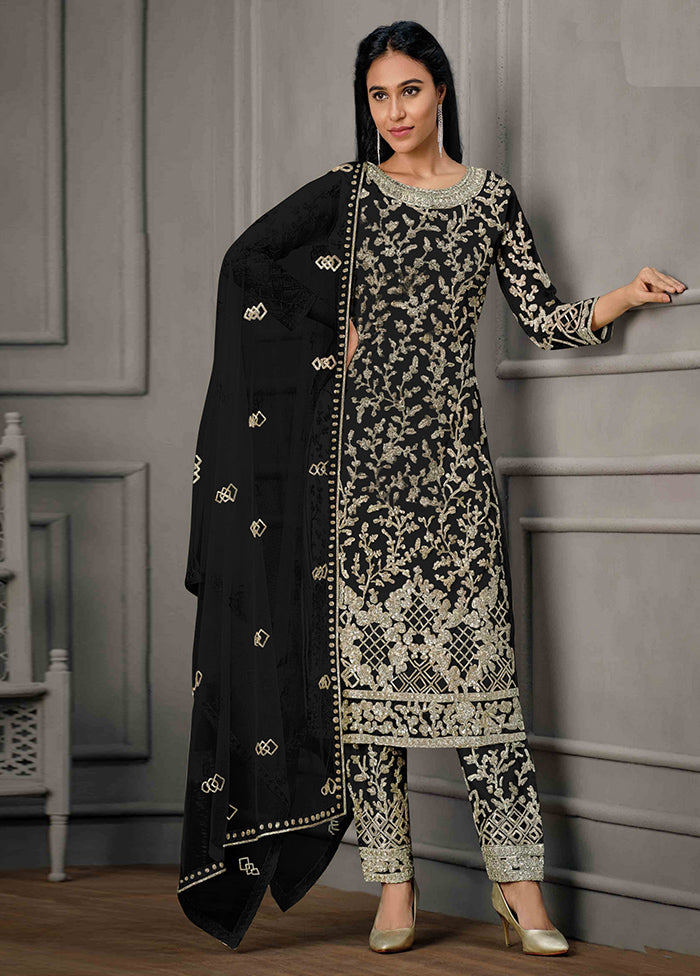 3 Pc Black Semi Stitched Net Suit Set