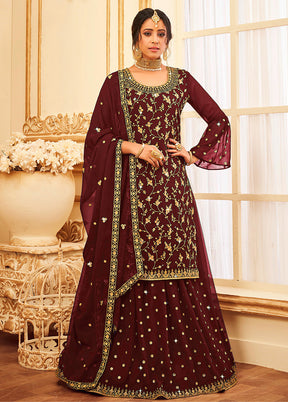 3 Pc Maroon Semi Stitched Georgette Suit Set