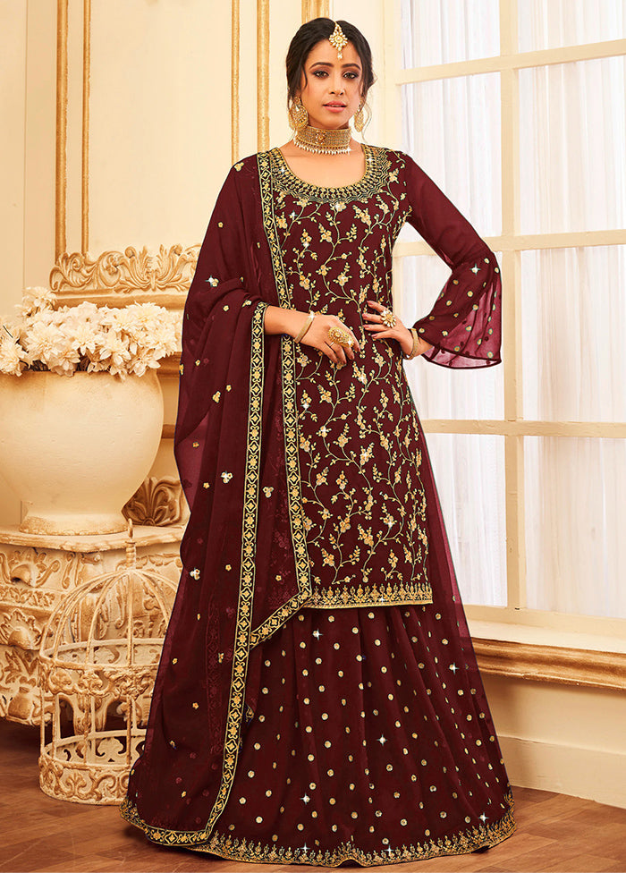 3 Pc Maroon Semi Stitched Georgette Suit Set