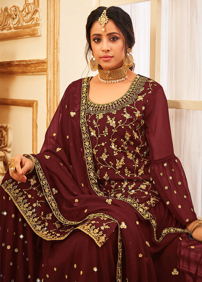 3 Pc Maroon Semi Stitched Georgette Suit Set