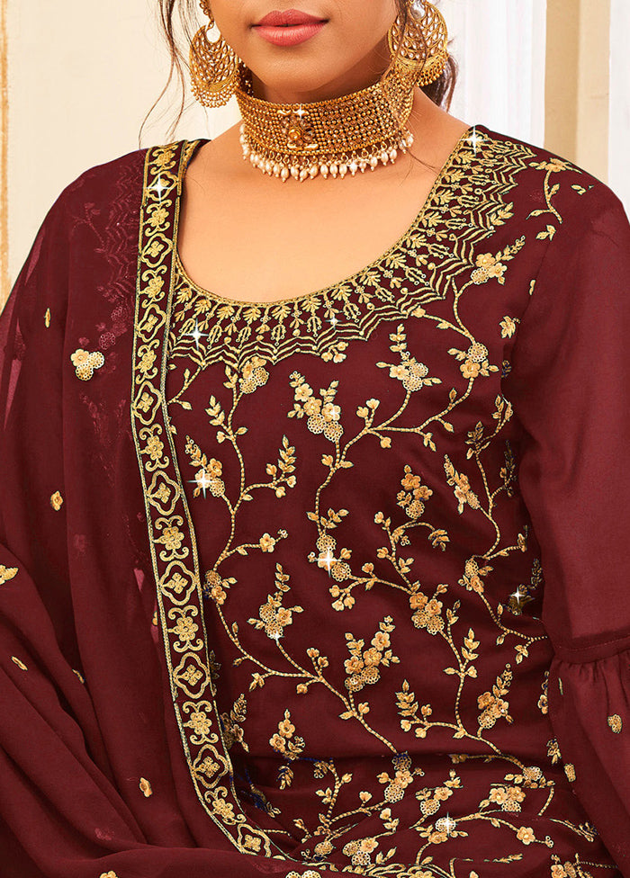 3 Pc Maroon Semi Stitched Georgette Suit Set