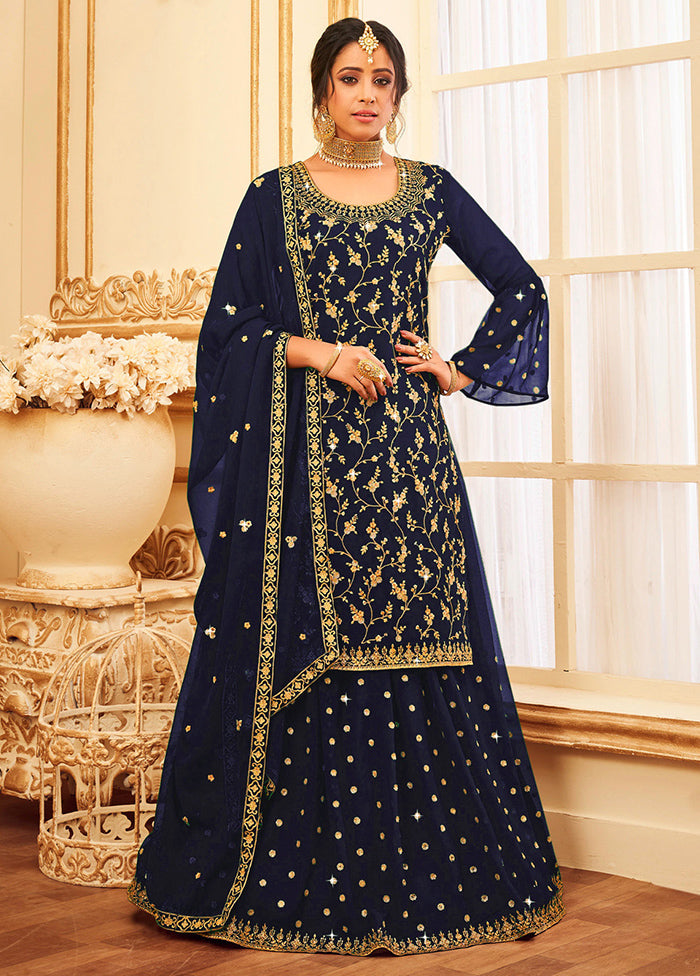 3 Pc Navy Blue Semi Stitched Georgette Suit Set