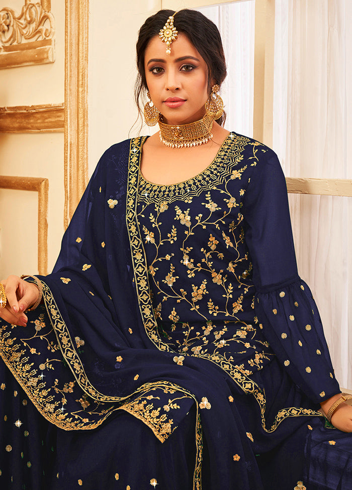 3 Pc Navy Blue Semi Stitched Georgette Suit Set