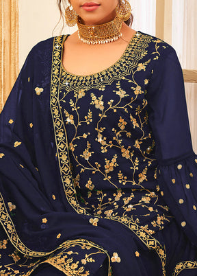 3 Pc Navy Blue Semi Stitched Georgette Suit Set