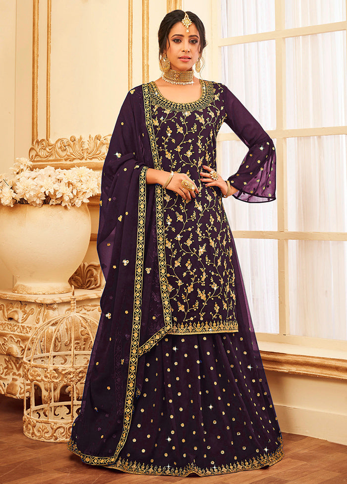 3 Pc Wine Semi Stitched Georgette Suit Set