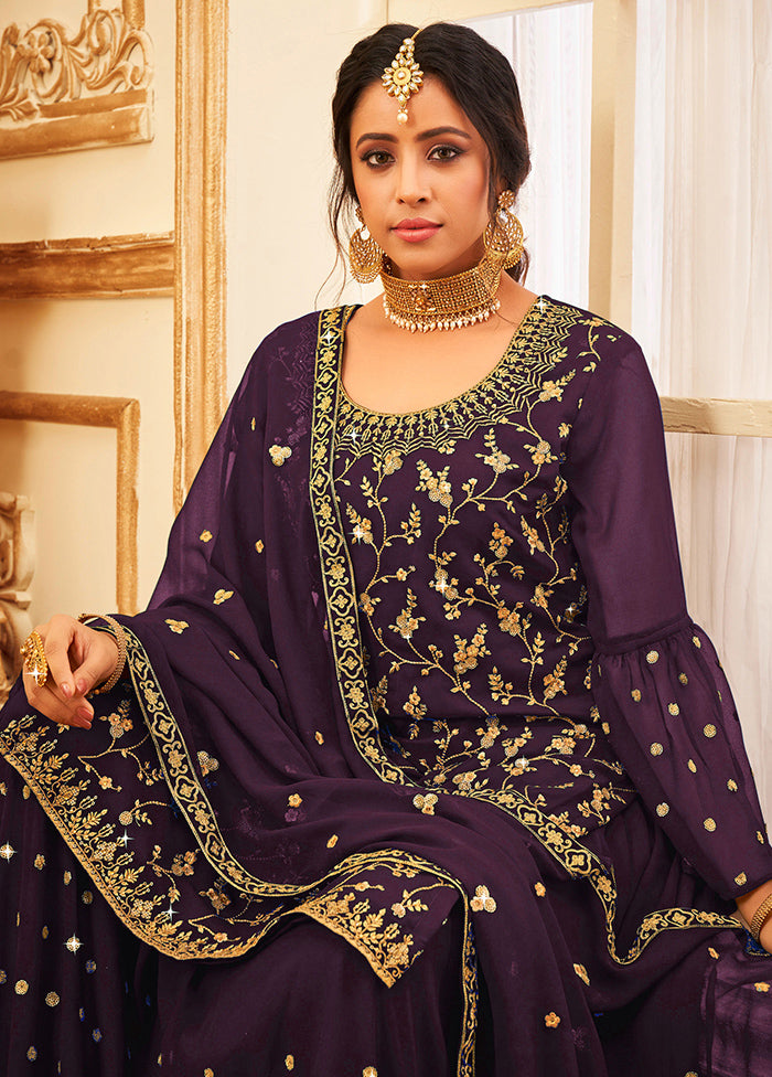 3 Pc Wine Semi Stitched Georgette Suit Set