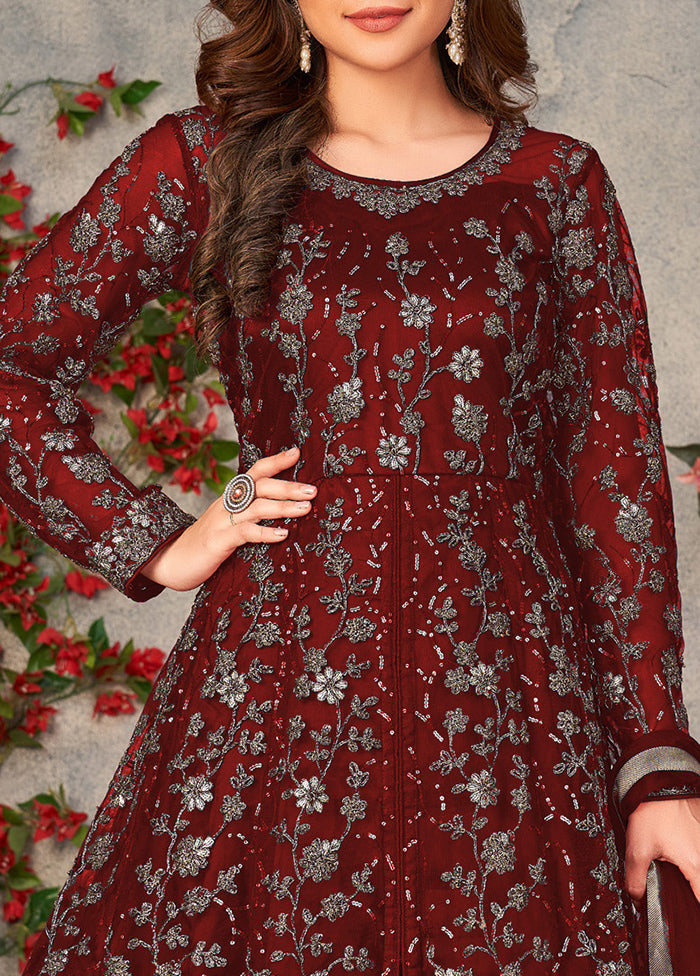 3 Pc Maroon Semi Stitched Net Suit Set