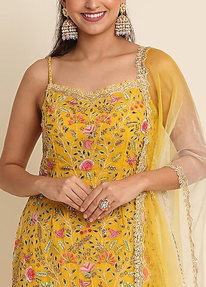 3 Pc Yellow Semi Stitched Georgette Suit Set