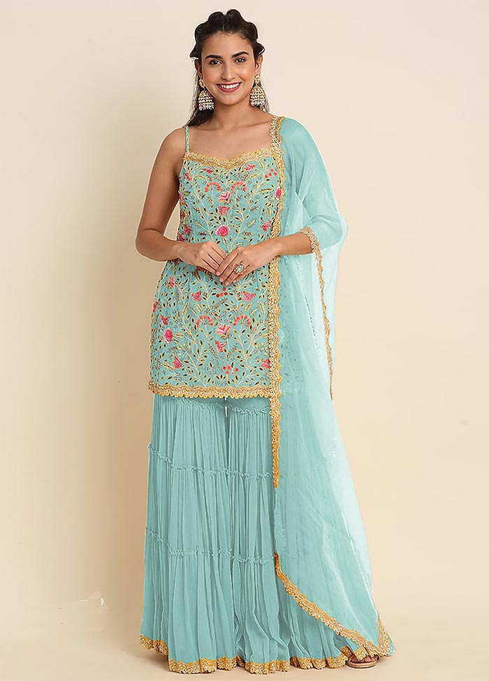 3 Pc Sky Blue Semi Stitched Georgette Suit Set