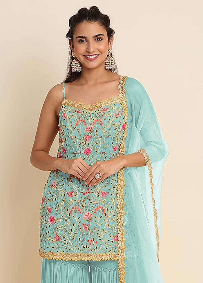 3 Pc Sky Blue Semi Stitched Georgette Suit Set