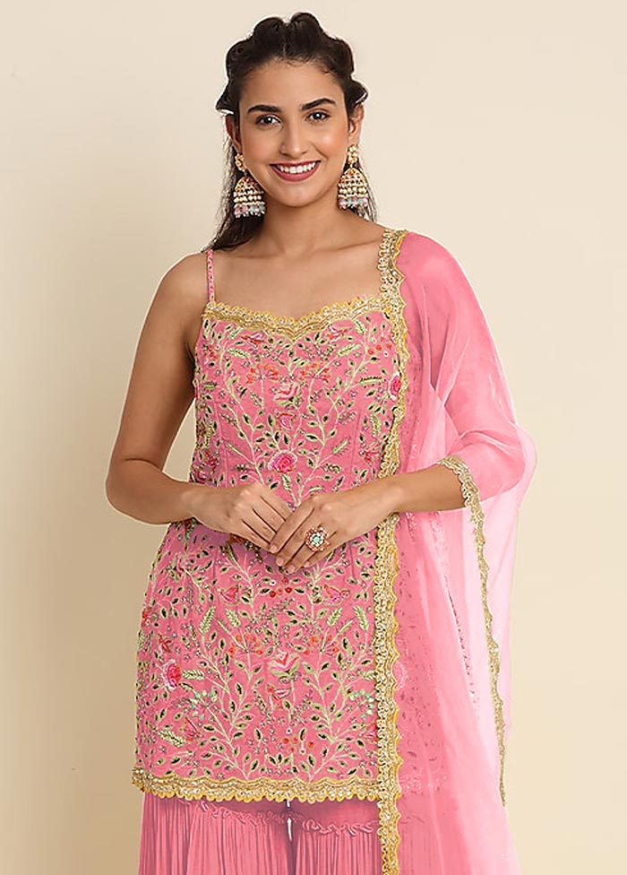 3 Pc Pink Semi Stitched Georgette Suit Set