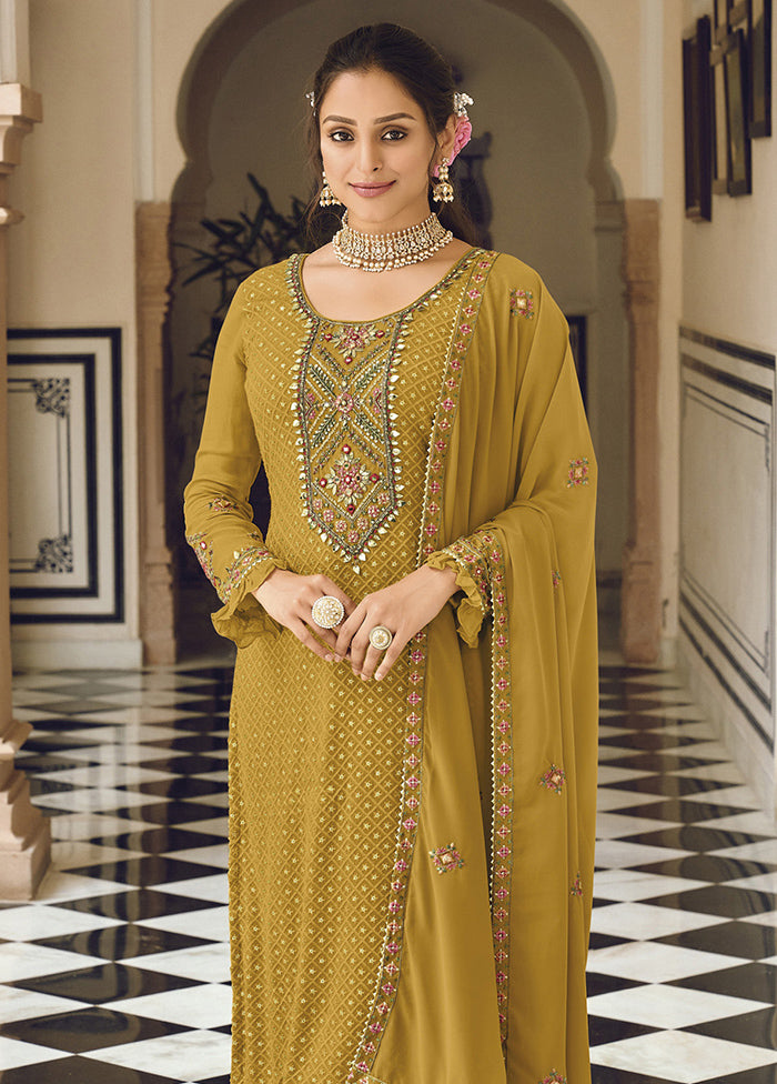 3 Pc Yellow Semi Stitched Georgette Suit Set