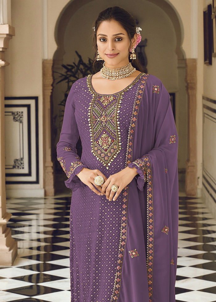 3 Pc Purple Semi Stitched Georgette Suit Set