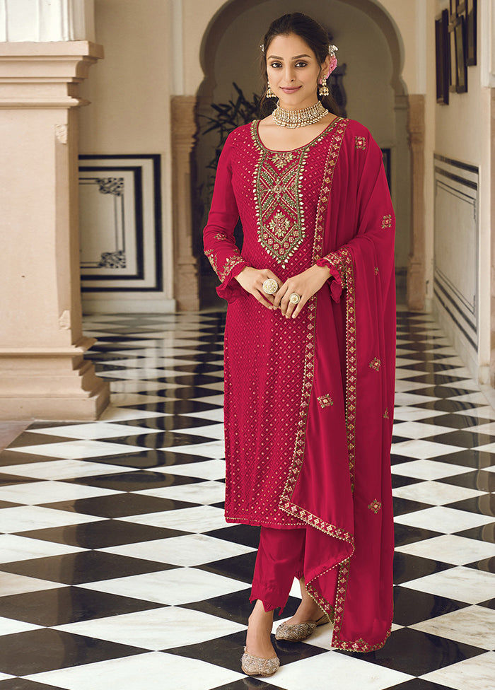 3 Pc Red Semi Stitched Georgette Suit Set