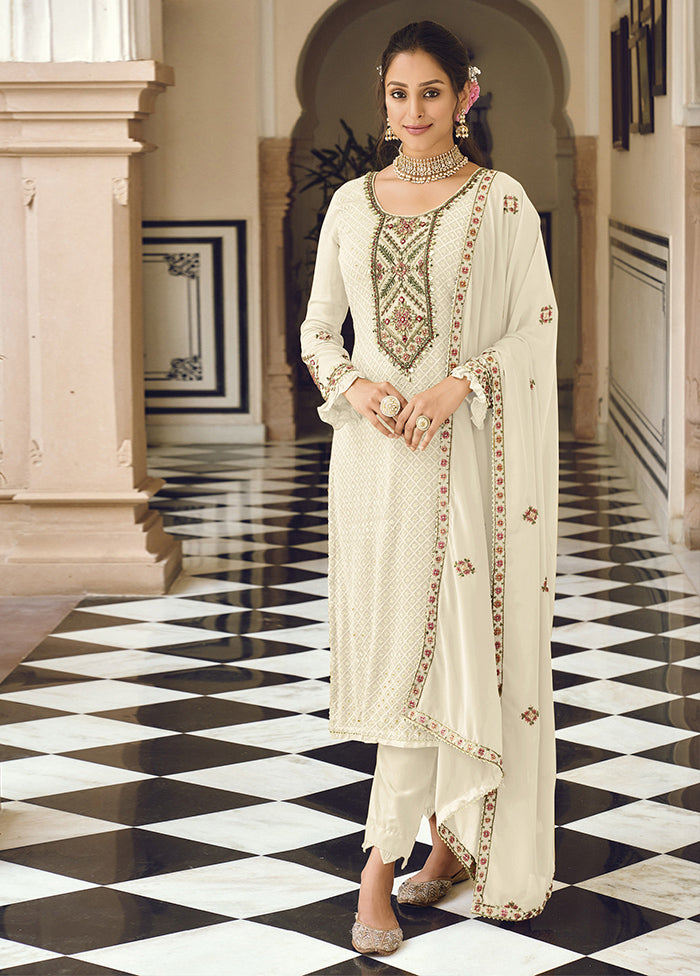 3 Pc Cream Semi Stitched Georgette Suit Set