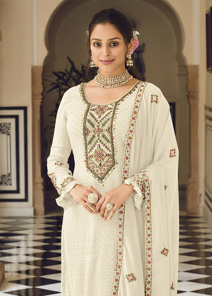 3 Pc Cream Semi Stitched Georgette Suit Set