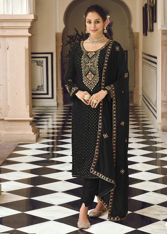 3 Pc Black Semi Stitched Georgette Suit Set