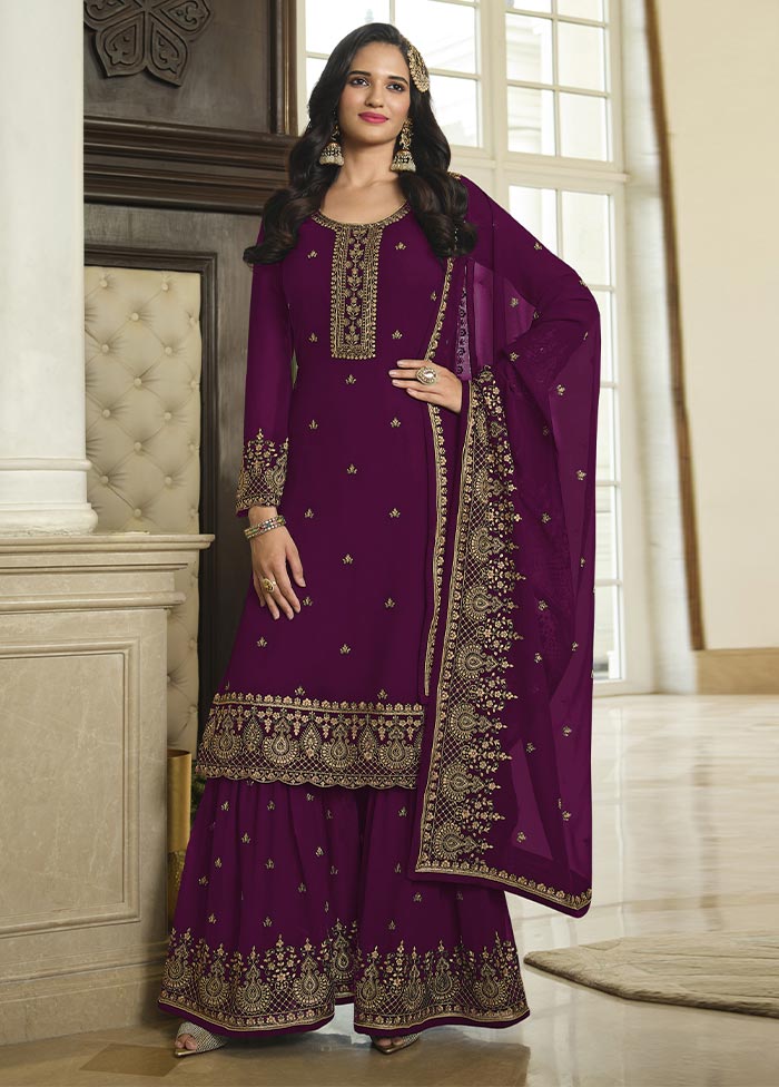 3 Pc Purple Semi Stitched Georgette Suit Set