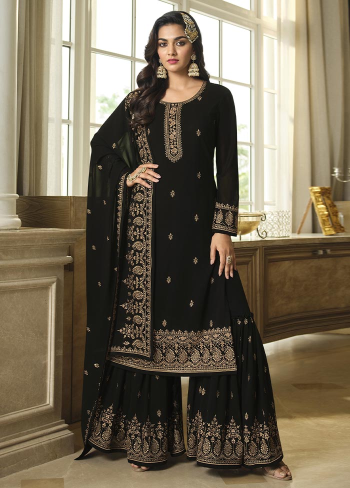 3 Pc Black Semi Stitched Georgette Suit Set