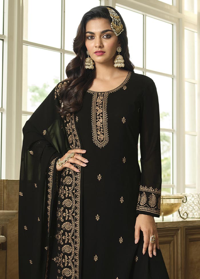 3 Pc Black Semi Stitched Georgette Suit Set