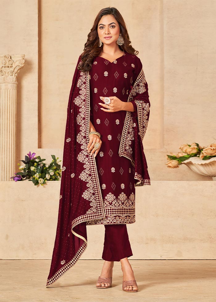 3 Pc Maroon Semi Stitched Georgette Suit Set