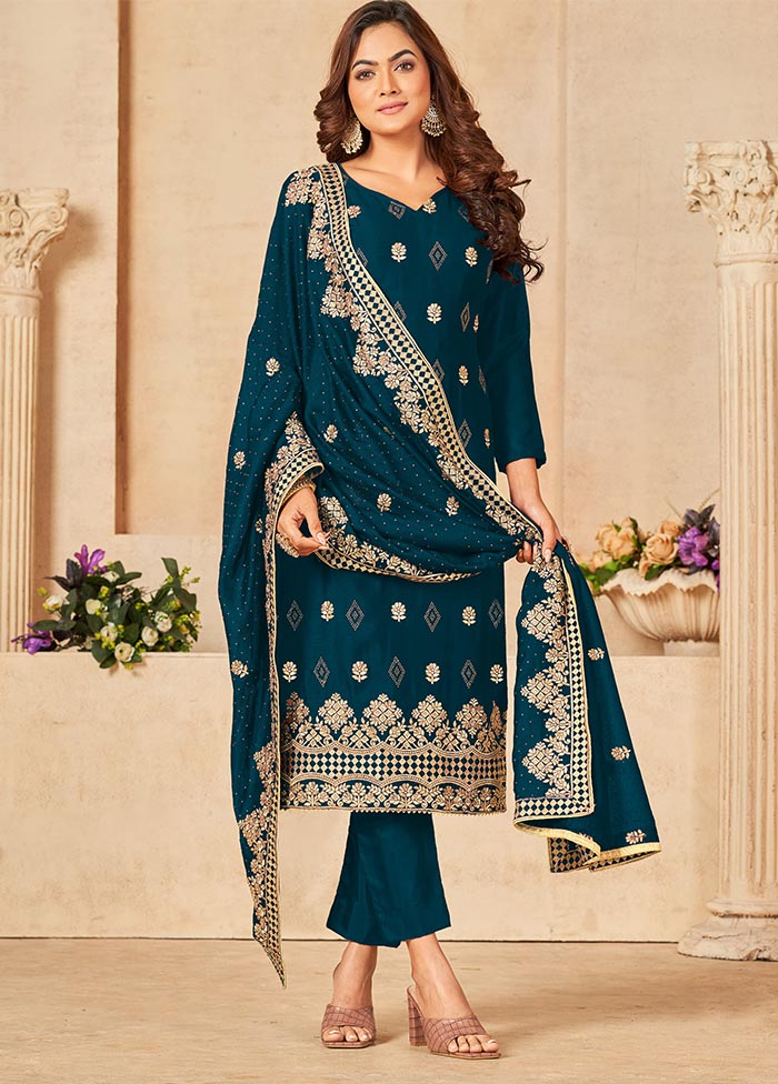 3 Pc Teal Semi Stitched Georgette Suit Set