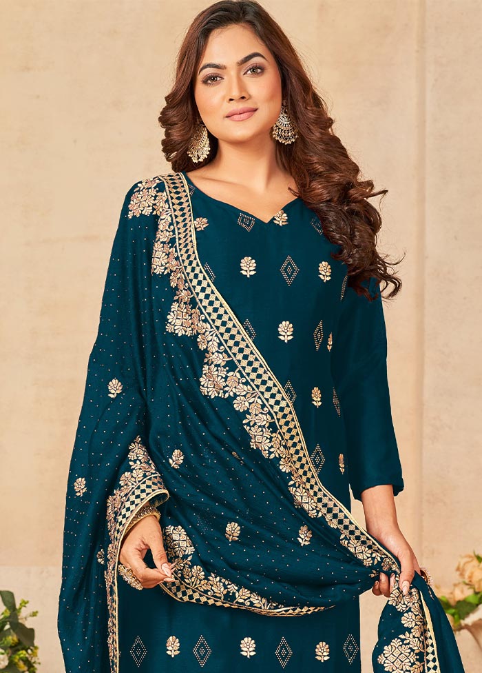 3 Pc Teal Semi Stitched Georgette Suit Set