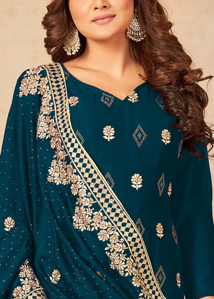 3 Pc Teal Semi Stitched Georgette Suit Set