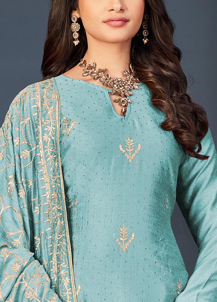 3 Pc Sky Blue Semi Stitched Georgette Suit Set