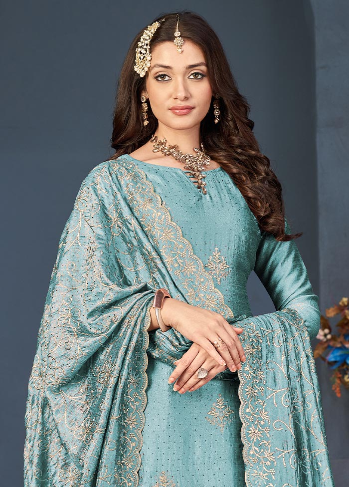 3 Pc Sky Blue Semi Stitched Georgette Suit Set