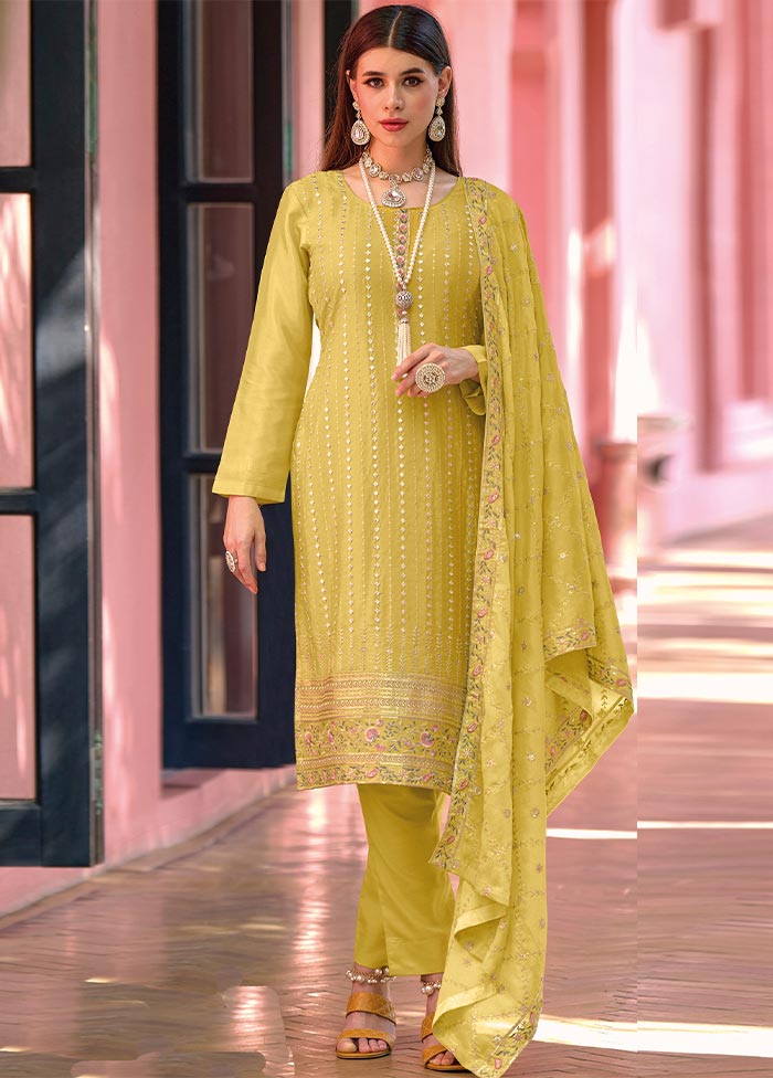 3 Pc Yellow Semi Stitched Georgette Suit Set