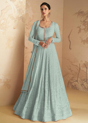 3 Pc Sky Blue Semi Stitched Georgette Suit Set