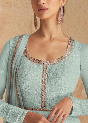 3 Pc Sky Blue Semi Stitched Georgette Suit Set