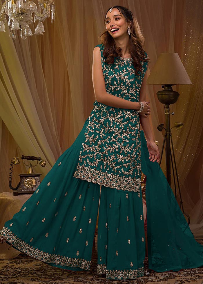 3 Pc Teal Semi Stitched Georgette Suit Set