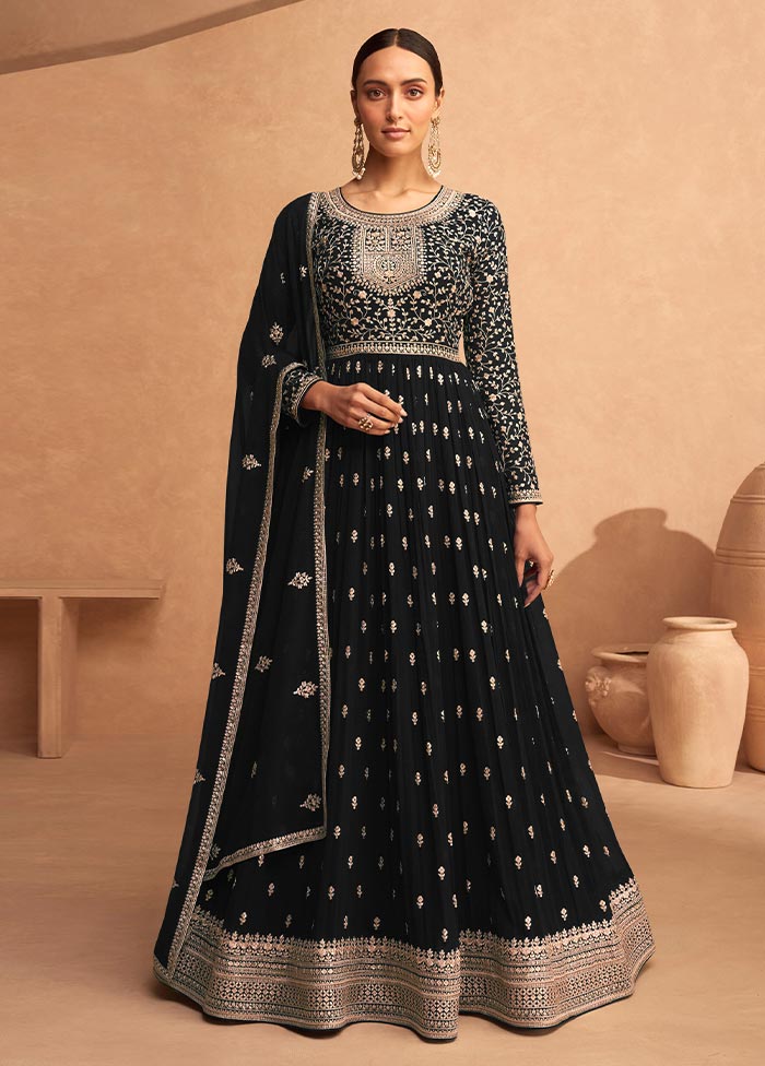 3 Pc Black Semi Stitched Georgette Suit Set