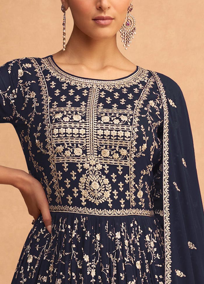 3 Pc Navy Blue Semi Stitched Georgette Suit Set