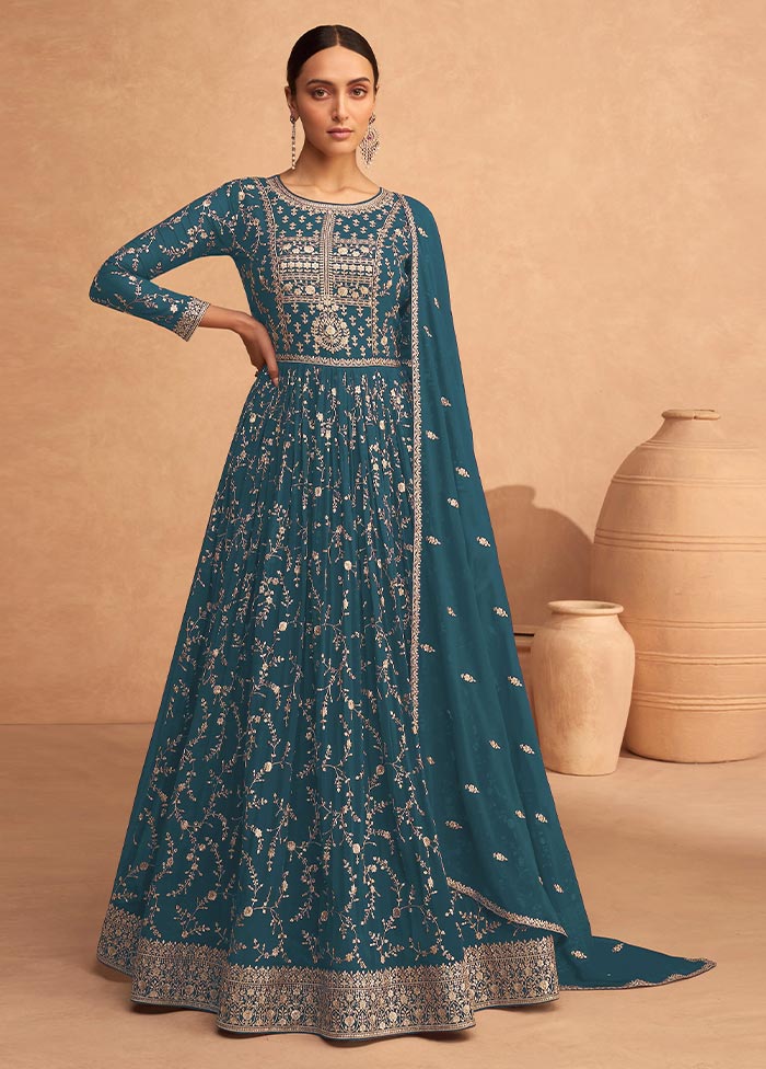 3 Pc Teal Semi Stitched Georgette Suit Set