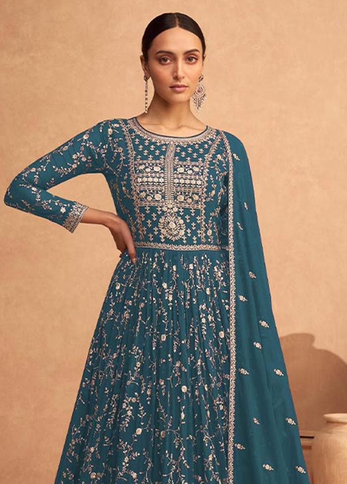 3 Pc Teal Semi Stitched Georgette Suit Set