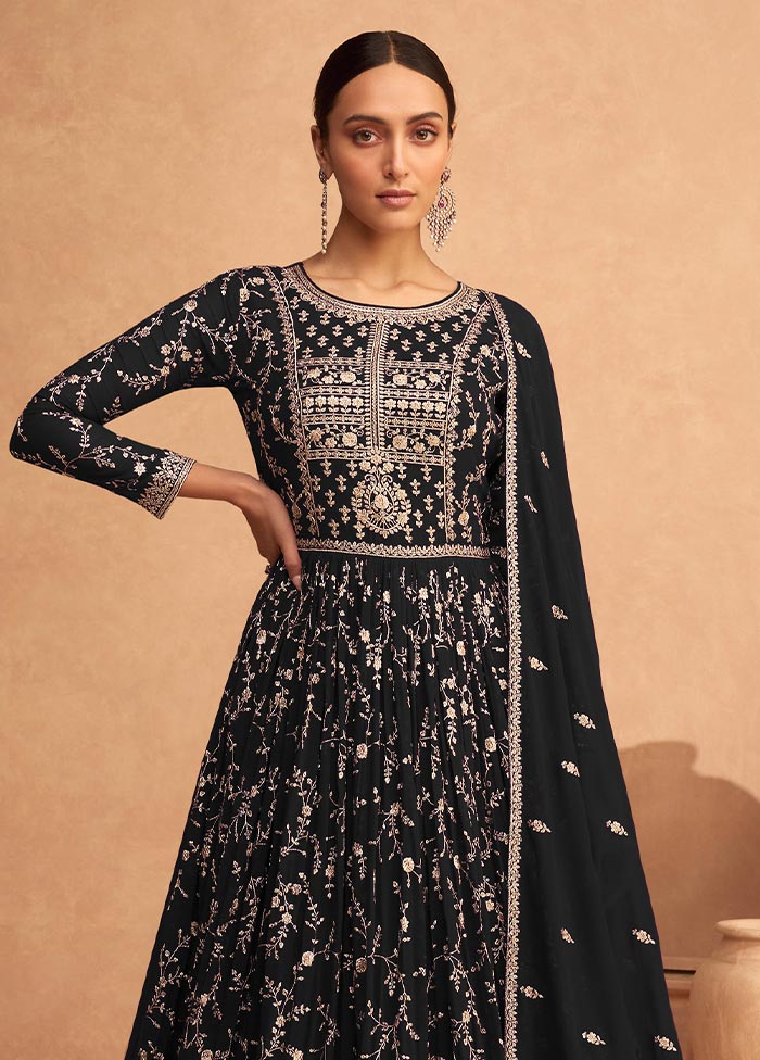 3 Pc Black Semi Stitched Georgette Suit Set