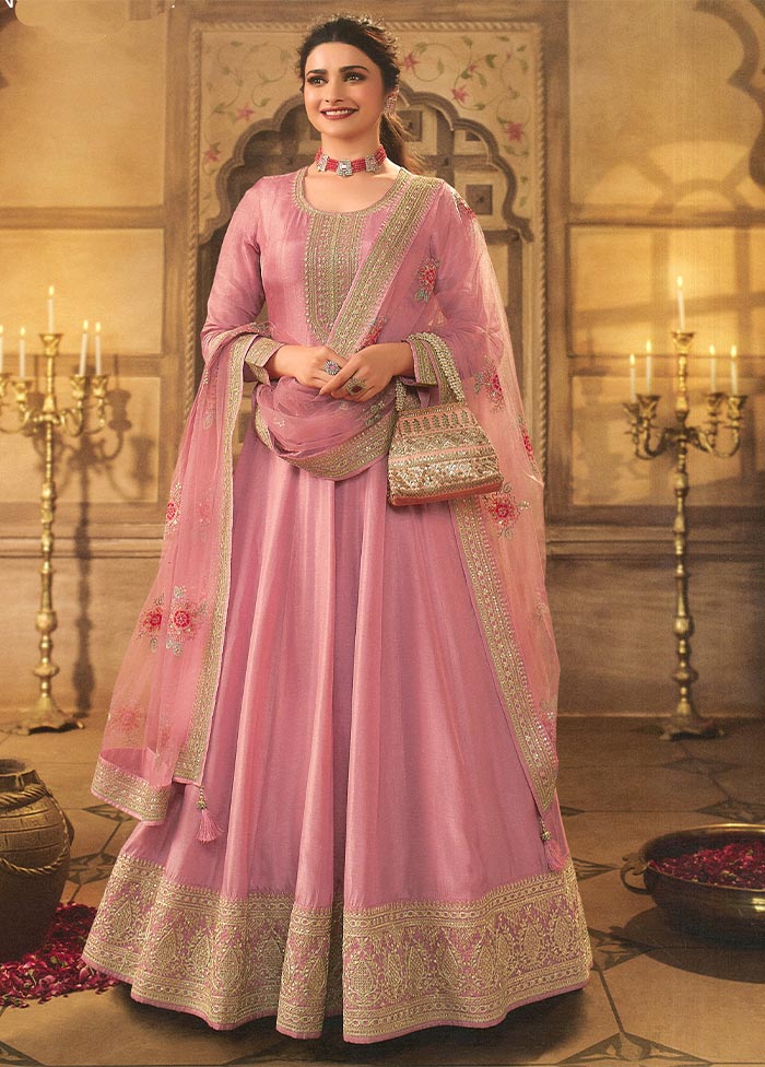 3 Pc Pink Semi Stitched Silk Suit Set