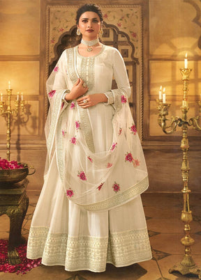 3 Pc Cream Semi Stitched Silk Suit Set