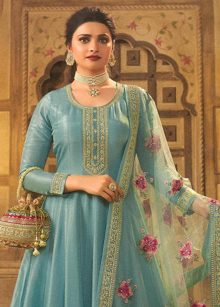 3 Pc Blue Semi Stitched Silk Suit Set