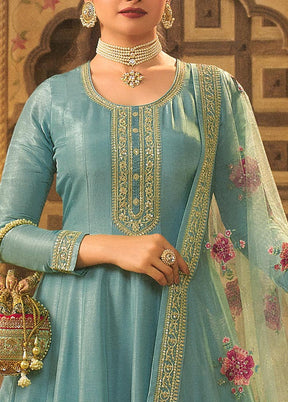 3 Pc Blue Semi Stitched Silk Suit Set