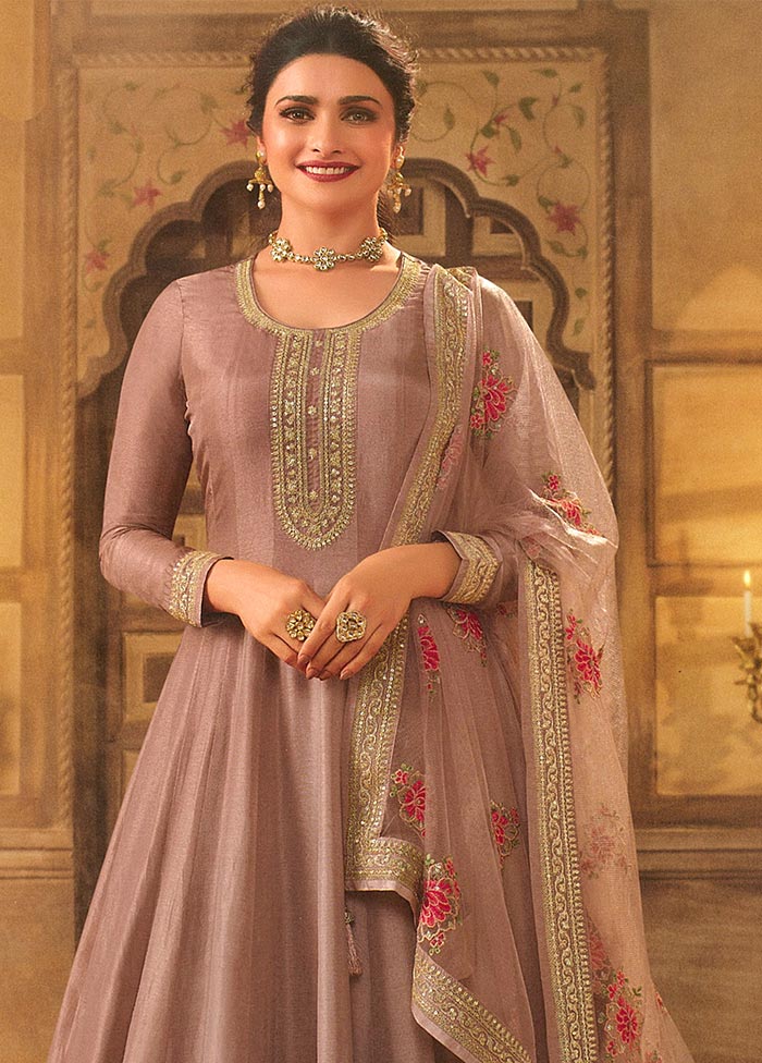 3 Pc Pink Semi Stitched Silk Suit Set